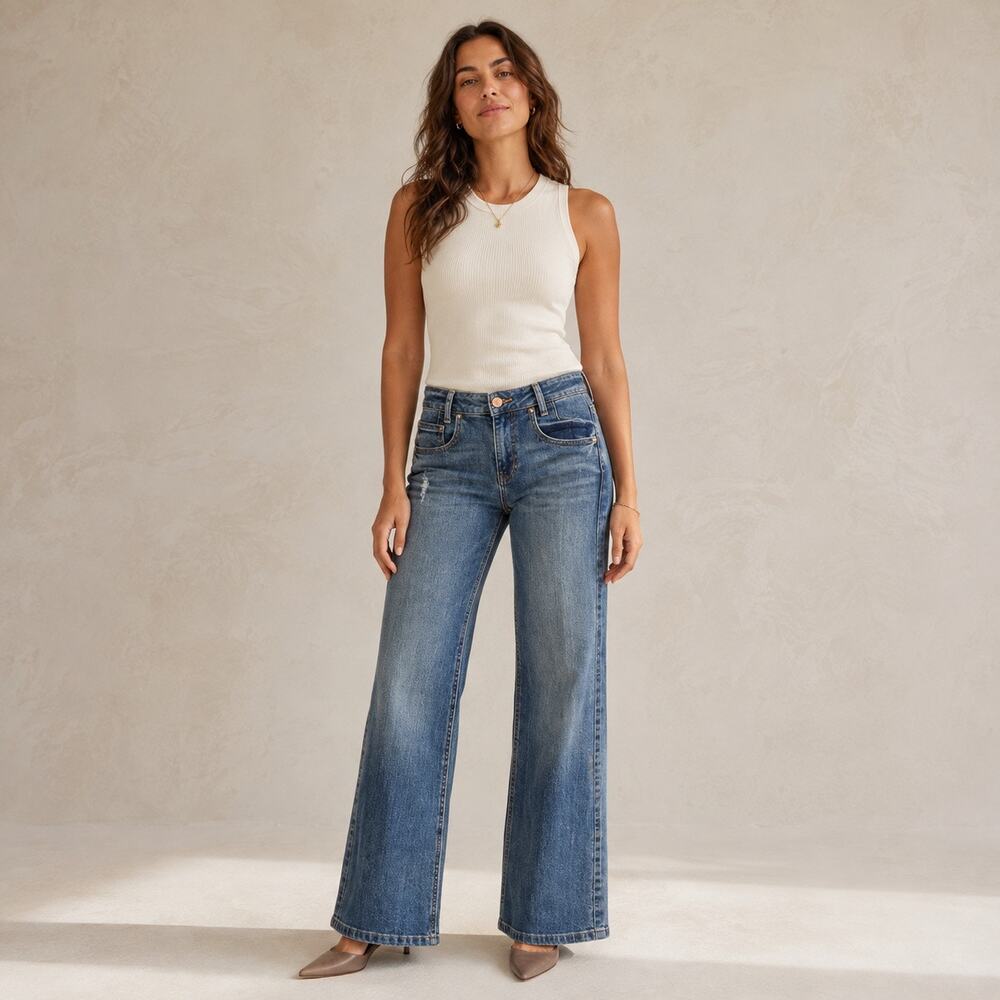 90s Y2K KUT From the Kloth Jean High Rise Wide Leg Petite Jeans Medium Wash 00P